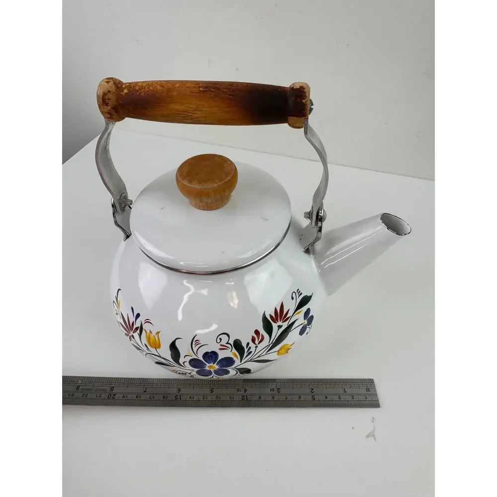 Vintage Master Cuisine Kettle White Tea Pot Floral Stainless Steel Wooden Handle